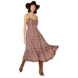 Angie Boho Tiered Maxi Midi Dress Strappy Back Overdye Print L Western Festival